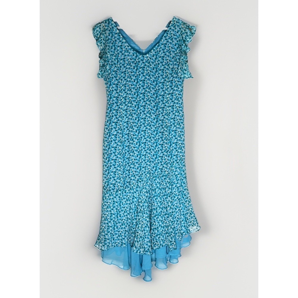 Vintage Y2K Mary McFadden Dress 6 Midi Tiered Blue Dots Fairy Romantic Whimsy